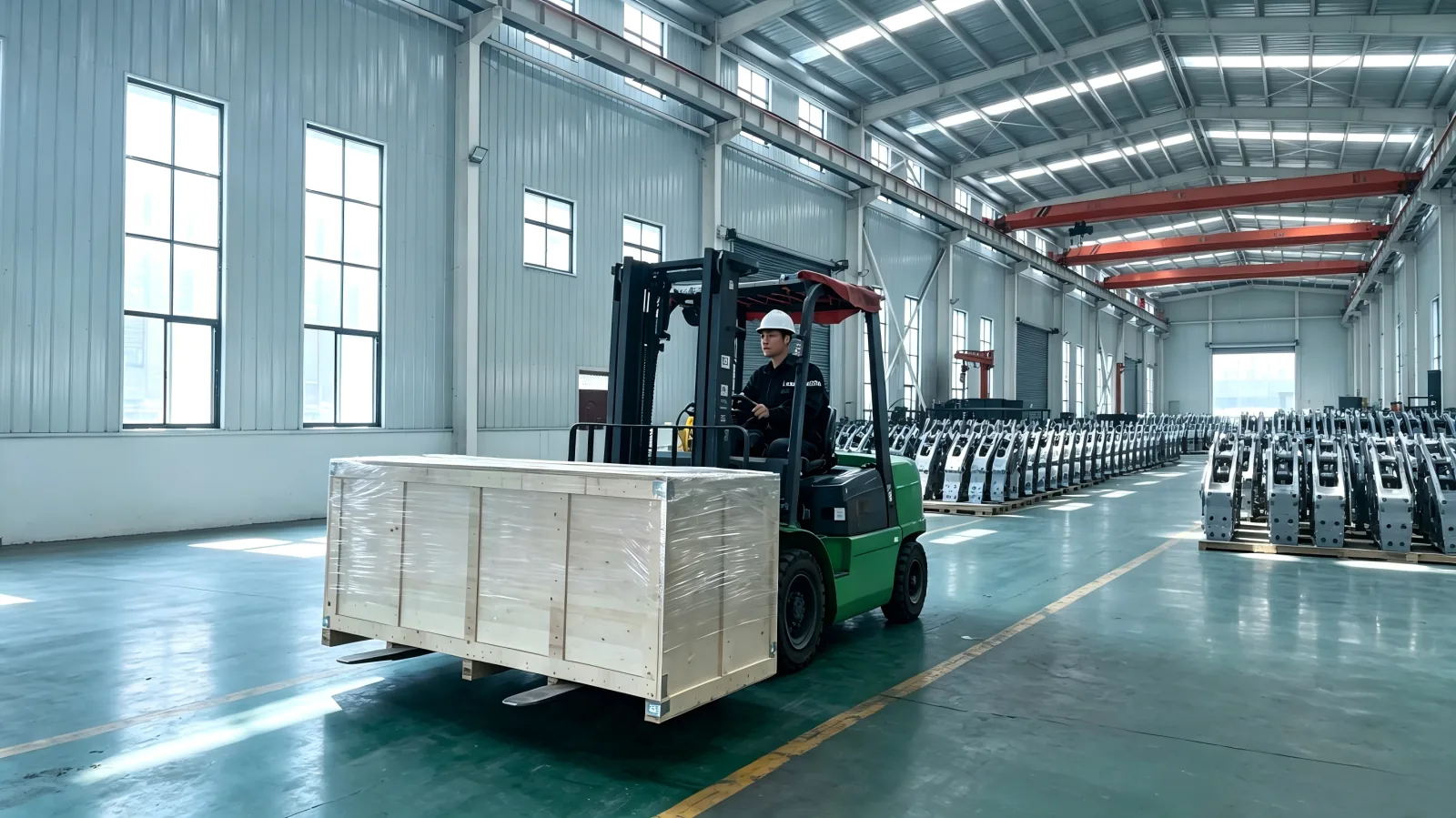 Forklift moving packed hydraulic breakers in the factory