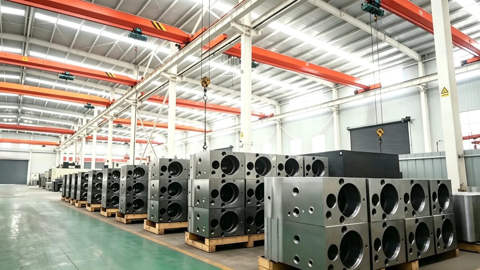 Machined hydraulic breaker cylinder blocks in factory stock
