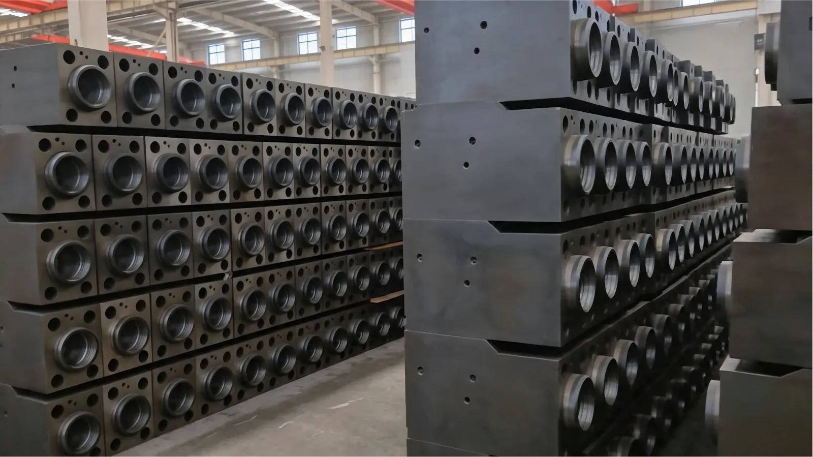 Rows of hydraulic breaker cylinder blocks awaiting assembly