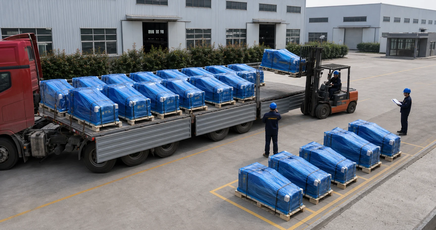 Large batch of hydraulic breakers securely wrapped on export pallets for truck loading