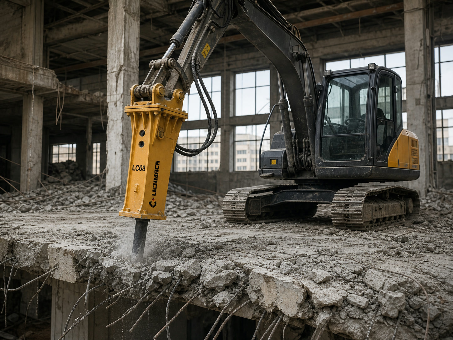 Crawler excavator with demolition hammer in an urban concrete site