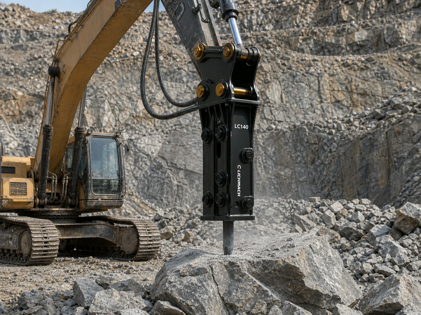 Hydraulic breaker working on rough rock ground