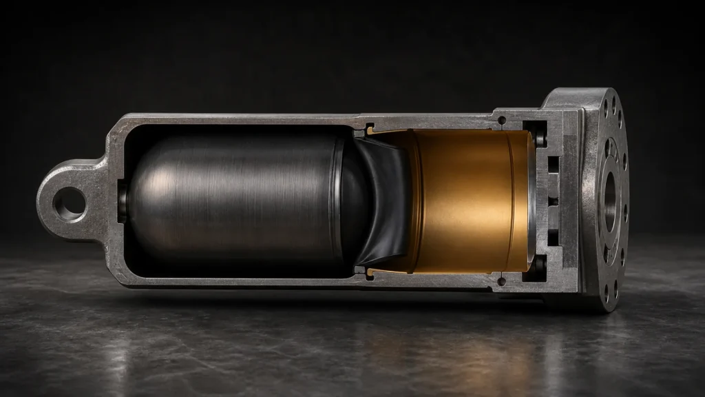 Generic hydraulic breaker accumulator cutaway showing a diaphragm boundary
