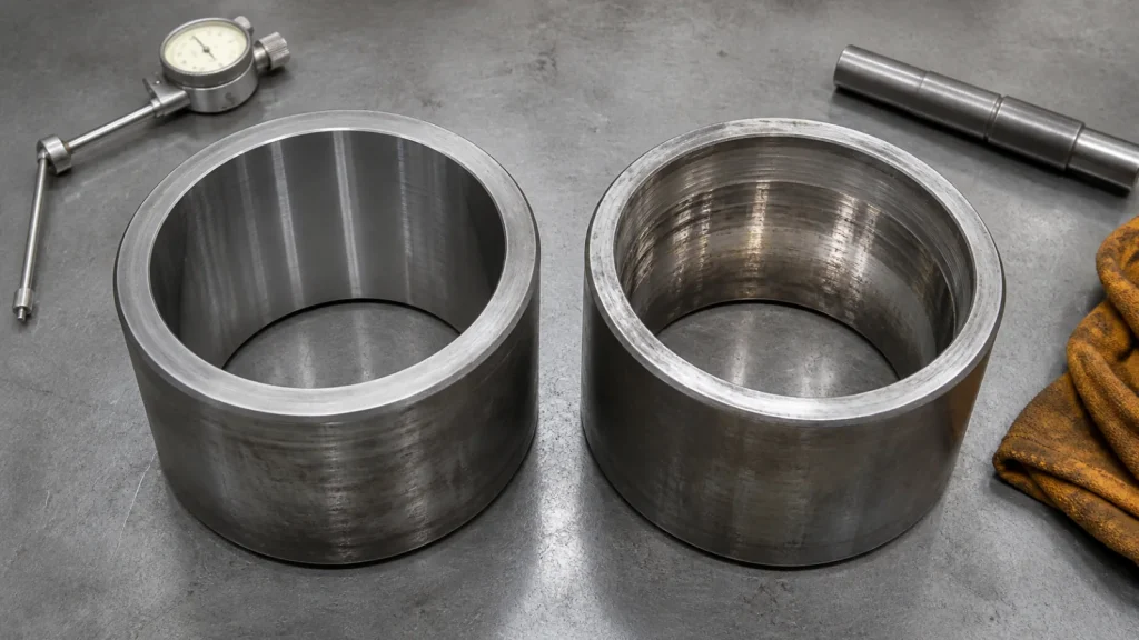 Hydraulic breaker bushings compared for observable guide-surface wear