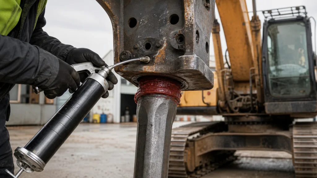 Hydraulic breaker front head prepared for model-specific grease service