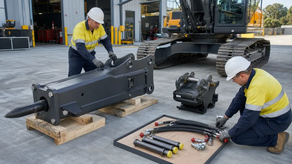 Hydraulic breaker supported safely for bracket pin and hose installation checks