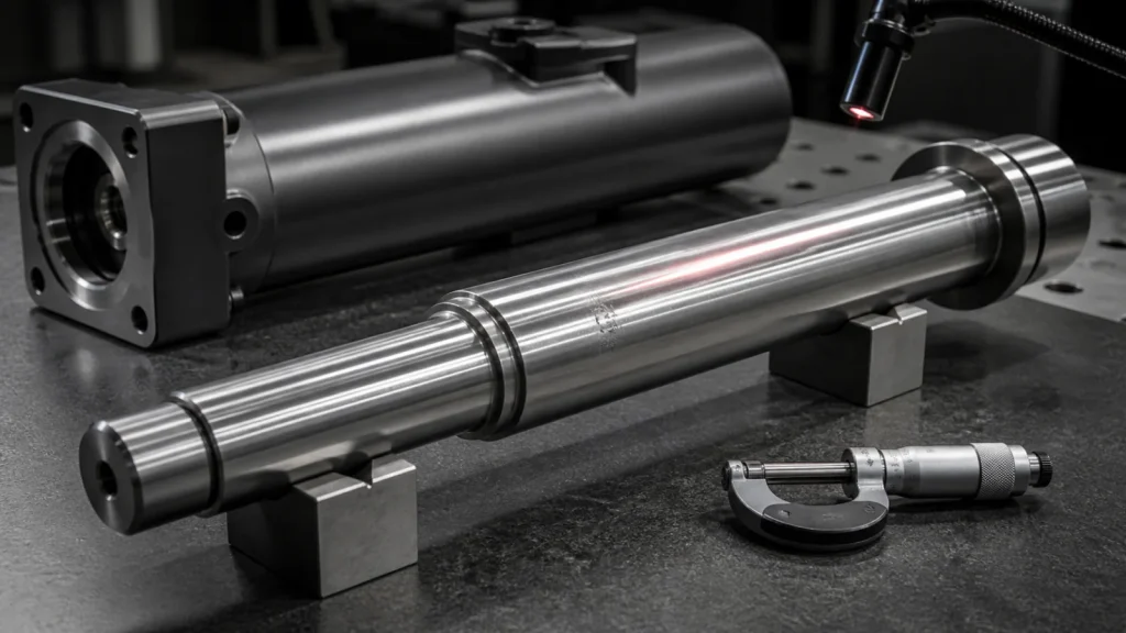 Hydraulic breaker piston on a precision inspection bench