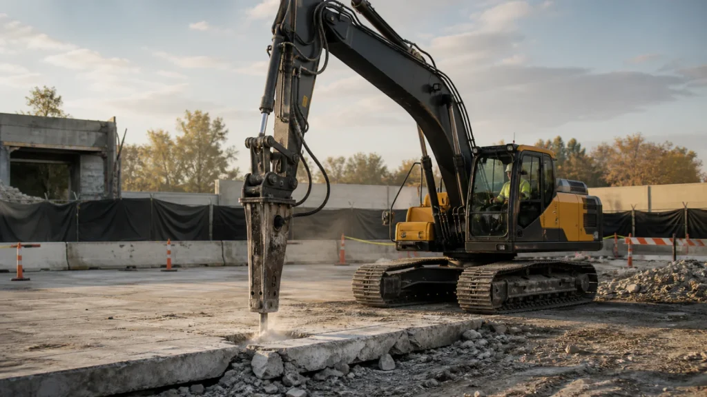 Excavator hydraulic breaker aligned vertically for controlled concrete breaking