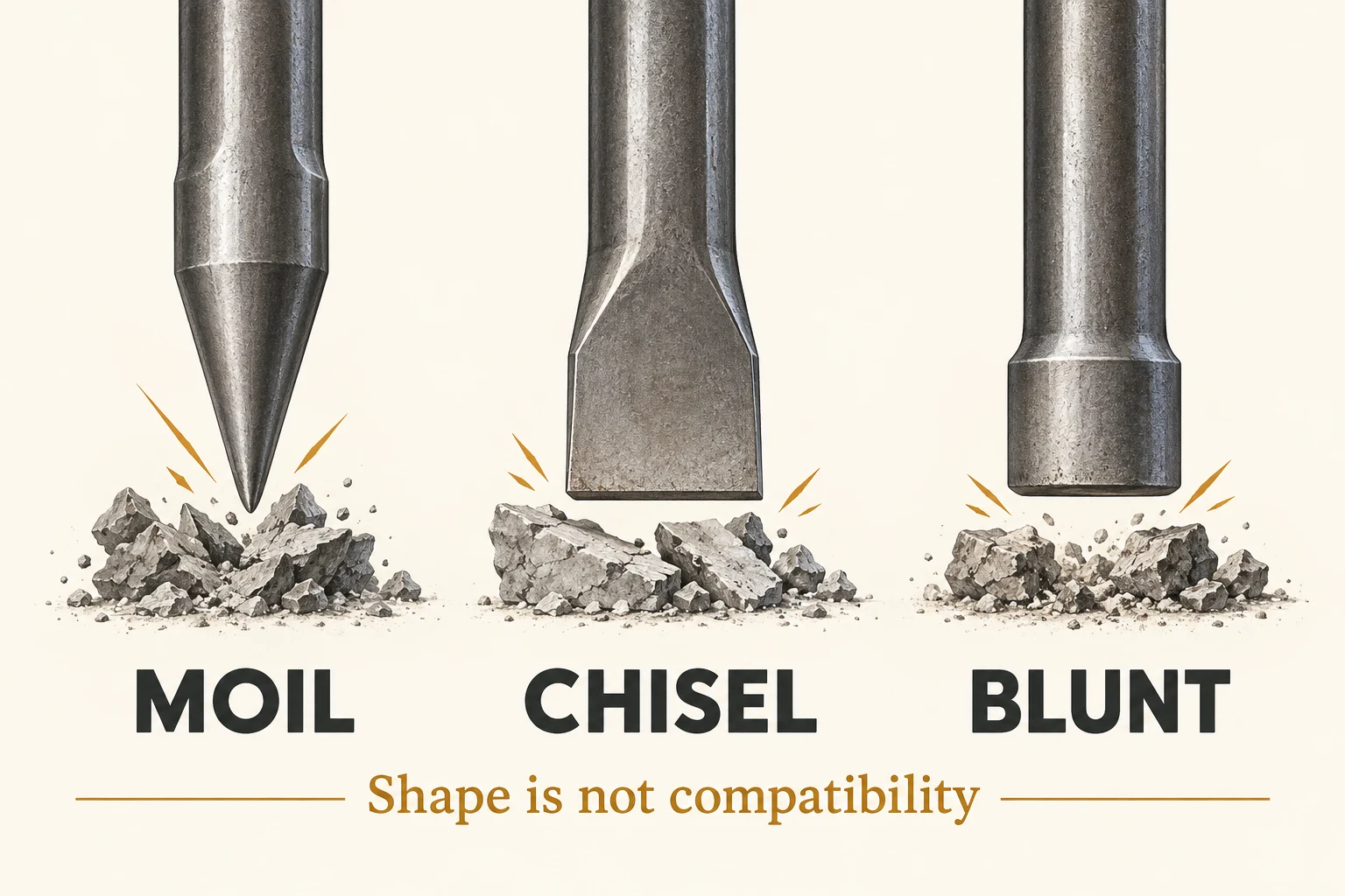 Three labelled tip shapes: moil, chisel and blunt