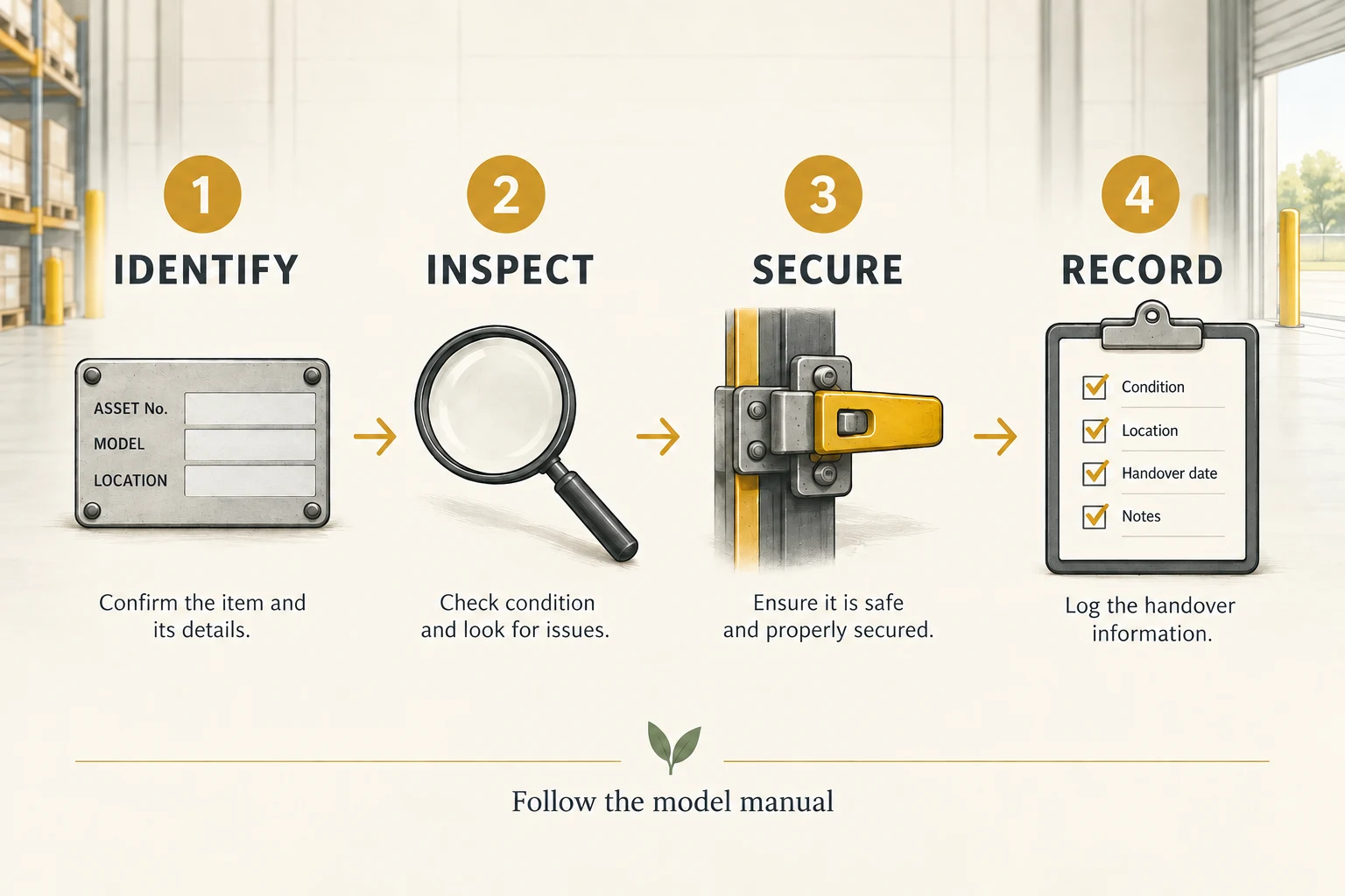 Identify, inspect, secure and record handover steps