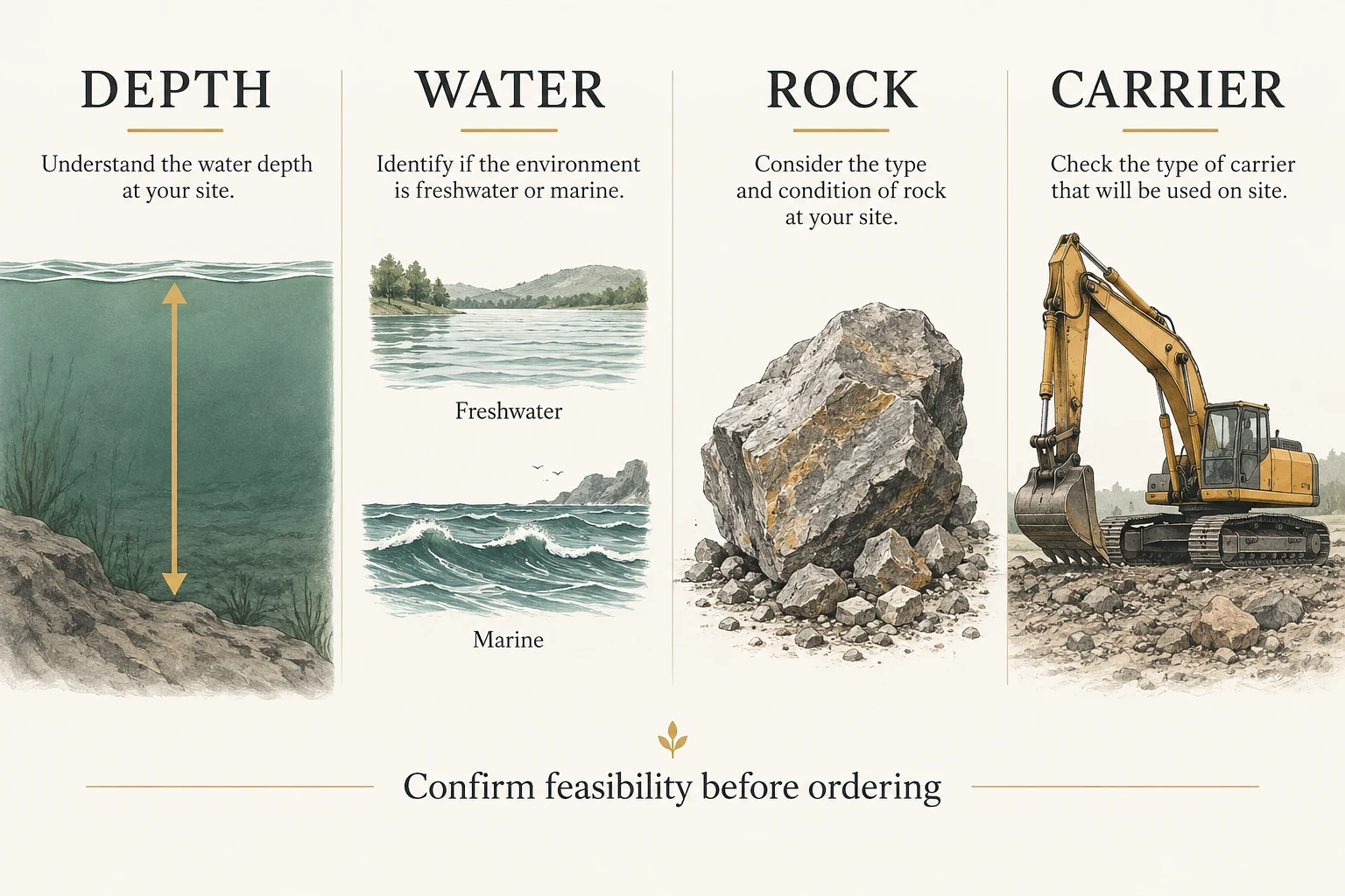 Depth, water, rock and carrier project information cards