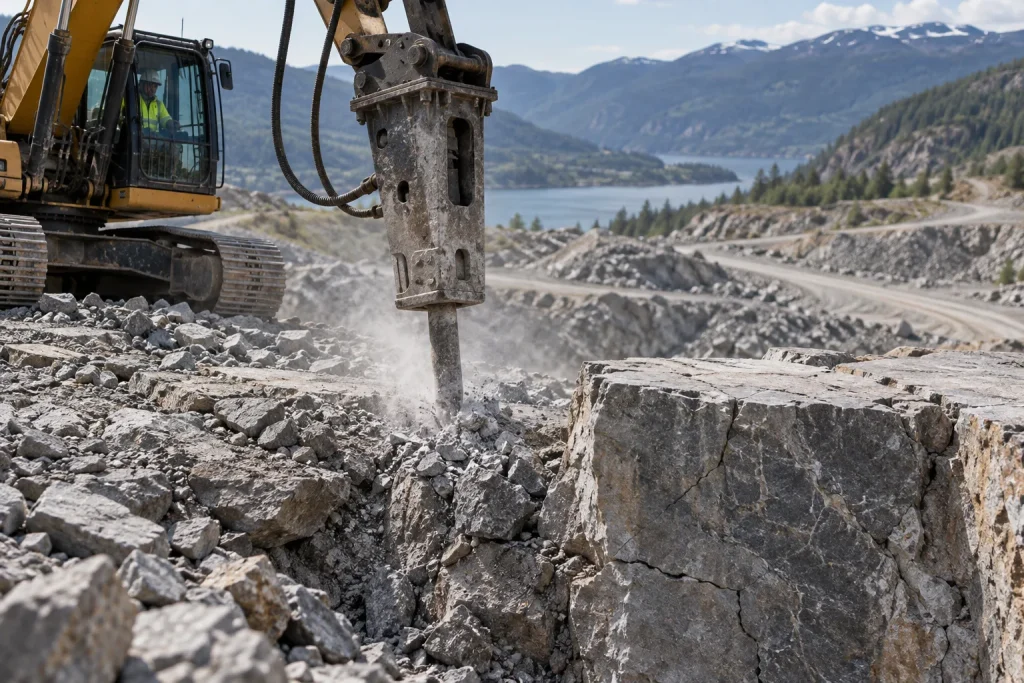 Breaker at a rock worksite with operator in cab