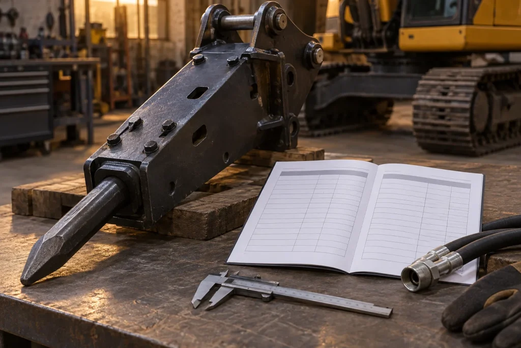 Generic hydraulic breaker beside a technical data sheet